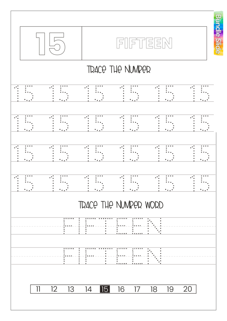 Number Tracing Worksheets 11 to 15
